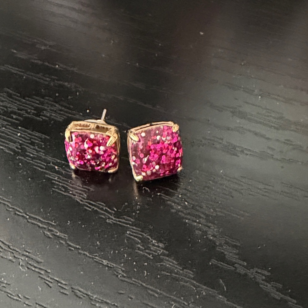 kate spade Gold-Tone Hot Pink Glitter Square Stud Earrings